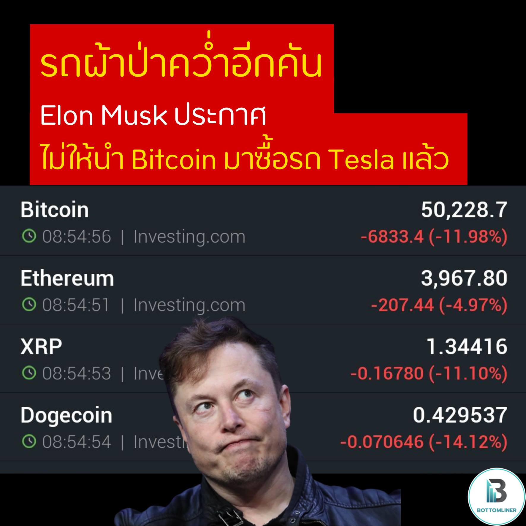 Elon Musk ประกาศไม่ให้นำ Bitcoin มาซื้อรถ Tesla แล้ว